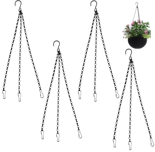 4 Pcs Hanging Basket Chains, Heavy Duty Hanging Basket Chains, 3 Point with 3 Clip Hook Metal Replacement Chain, Metal Replacement Chain For Hanging Bird Feeders, Flower pots and Ornament（Black）
