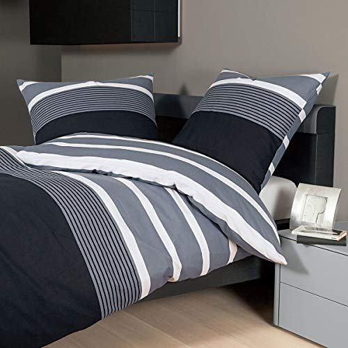 Janine Bettwäsche Davos 65030 08 Silber Schwarz Feinbiber Streifen Warm Kuschelig Baumwolle, Größe:200x200 cm + 2 x 80x80 cm