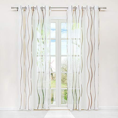 HongYa 1er-Pack Voile Gardine Transparenter Vorhang mit Ösen Wellen Druck H/B 225/140 cm Creme Braun