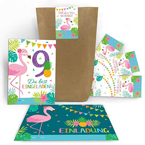 Junaversum 12 Einladungskarten zum 9. Geburtstag Kinder neunte Kindergeburtstag Mädchen Flamingo incl. 12 Umschläge, 12 Tüten. 12 Aufkleber