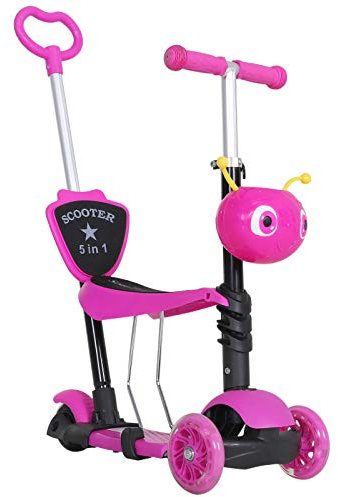 HOMCOM Trottinette pour Enfants Trottinette 3 Roues évolutive 5 en 1 Hauteur Guidon réglable Canne telescopique Selle Dossier Amovible Rose