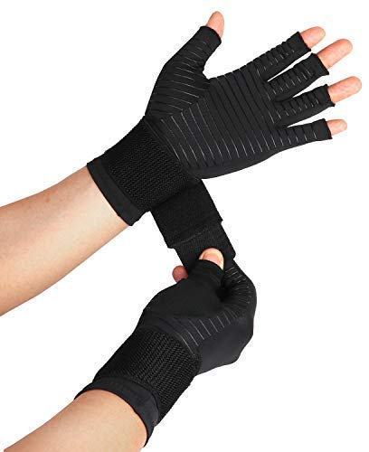 Thx4COPPER Compression Arthritis Gloves with Strap – Copper Infused – Fingerless Glove Hand Wrist Support for Carpal Tunnel, Arthritis, RSI, Tendonitis, Hand Pain Relief – Men/Women Pair,S&M