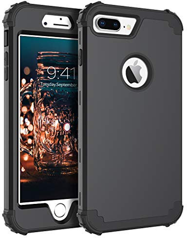 BENTOBEN iPhone 8 Plus/iPhone 7 Plus Case, 3 in 1 Hybrid Hard Plastic Soft Rubber Heavy Duty Rugged Bumper Shockproof Full-Body Protective Phone Cover, Black