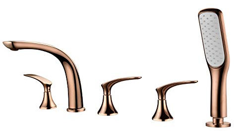 GLYYR Moderne Robinet de Baignoire Laiton Baignoire Mitigeur 3 Poignée 5 Trous Monté sur Le Pont Divisé Mitigeur de Baignoire avec Haute Pression Douche à Main,Rose Gold