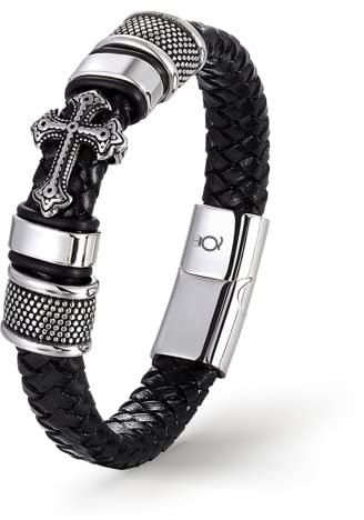 UNIQAL | Kreuz Leder Armband GLORY Cross Bracelet | Geschenk Box | Magnetverschluss (Silber, 23)