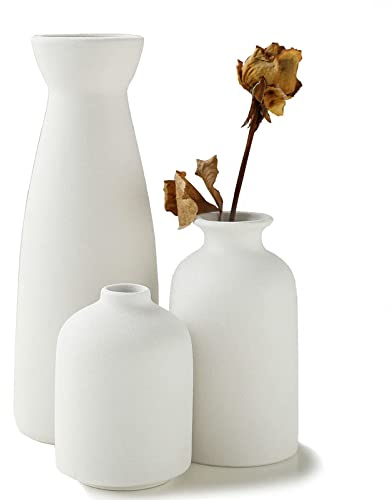 KIOXOHO Weiße Keramikvasen-Set, 3 kleine Blumenvasen für Dekoration, Moderne rustikale Bauernhaus-Heimdekoration, dekorative Vase für Pampasgras und getrocknete Blumen, Diele, Bücherregal-Dekoration