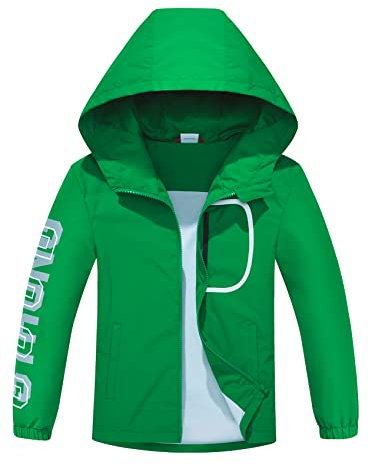 ALXHUTE Kinder Regenjacke Wassersäule Jungen Mädchen Übergangsjacke Frühling Jacke Funktionsjacke mit Kapuze Grün DE: 152-158 (Herstellergröße 150)