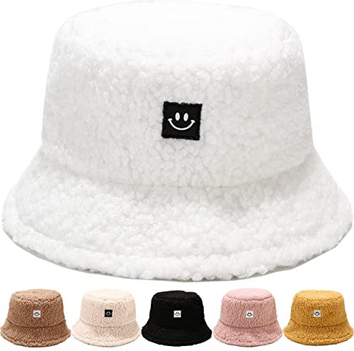 Damen Fischerhut Winter Pelzig Fischerhut Bucket Hat Winter Wärmer Eimer Hut Flauschige Fischermütze für Damen Mädchen Einheitsgröße Schlapphut Elegant Glockenhut für Outdoor Wandern Reisen (Weiß)