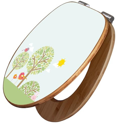 banjado Design WC Sitz Bambus Absenkautomatik 45,8x37,5cm / Toilettendeckel mit Absenkautomatik Holz/hochwertiger Bambus Klodeckel/WC-Sitz für gängigen Toiletten/Motiv Drei Bäume