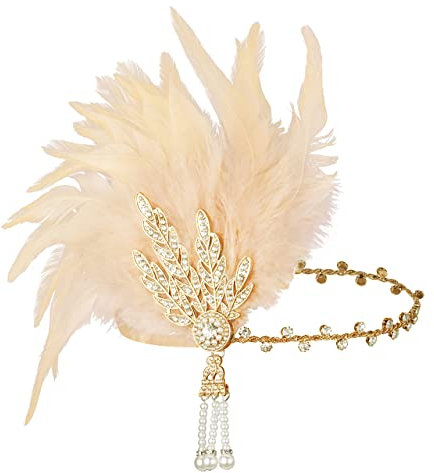 Duriya Damen 1920s Stirnband Blatt-Medaillon Kristall Feder Art Deco Gatsby Kostüm Accessoires 20er Jahre Accessoires Flapper Feder Haarband Charleston für Karneval Fasching Kostüm Champagner