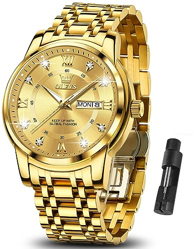 OLEVS Gold Watches for Men Luxury Waterproof Stainless Steel Day and Date
