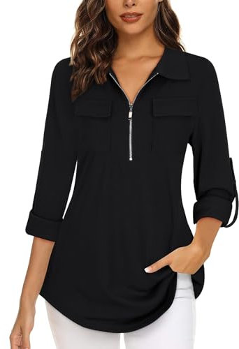 Gemulate Long Sleeve Tops Women Dressy Tops for Women UK Womens Tops Zip Up Long Sleeve Tops Polo Shirts Blouses Loose Dressy Casual Tunic Tops - Black, XXL