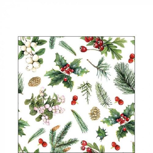 Ambiente Servietten 25 x 25 cm Cocktailservietten Papierservietten winter greenery Zweige Ilex Stechpalme/Tischdeko/Bastelarbeiten/Decoupage
