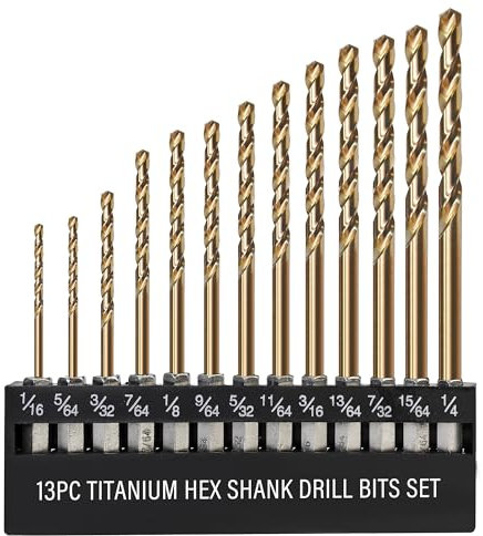 ROGAPER 13 PCS Titanium Coated Hex Shank Drill Bit Set, HSS Twist Drill Bit Sets, Impact Driver Drill Bits for Wood, Steel, Metal, Plastic, Quick Change Design (1/16-1/4)