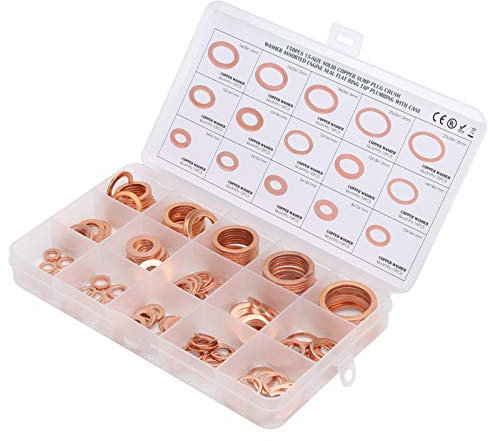 Arandela de Cobre Rojo, 150 Piezas de Latón y Arandelas de Seguridad, Surtido Métrico con Caja, Anillo de Sellado Plano, Arandela de Junta de Cobre Rojo M5 M6 M8 M10 M12 M14 M16