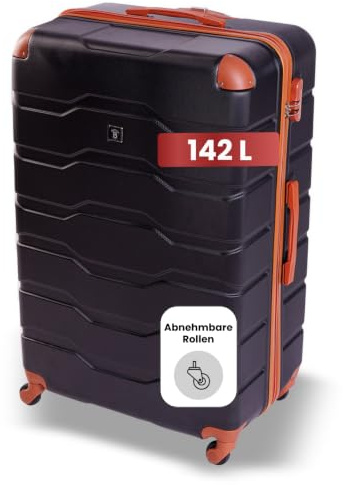 BERTOO Firenze Großer Koffer 142L, Schwarzes ABS-Hartschalengepäck mit 4 abnehmbaren Spinner-Rollen