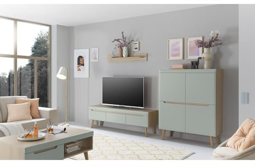 Lomadox Wohnwand in Grün Matt mit Eiche, 4-teilig inkl. Couchtisch, TV-Lowboard, Wandboard, Highboard