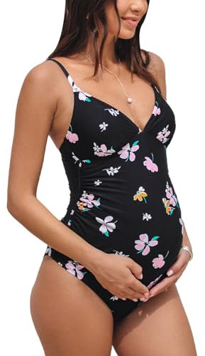CUPSHE Maillot de bain de grossesse pour femme - Col en V - Triangle froncé - Bretelles réglables - Maillot de bain une pièce, Noir/fleurs roses, S