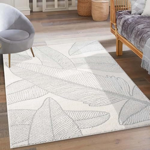 carpet city Kurzflor Teppich Grau, Creme - 120x170 cm - Wohnzimmer-Teppiche Hochtief-Muster, 3D-Effekt - Florales Muster - Flachflor Bodenbelag, Deko Schlafzimmer