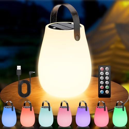 Wilktop Solar Tischlampe Outdoor 2 in 1, Solare Aufladung & USB-Ladung Fernbedienung, RGB 8 Farben Dimmbar, IP44 Wasserdicht Solarlampen für Außen tisch für Außen, Garten