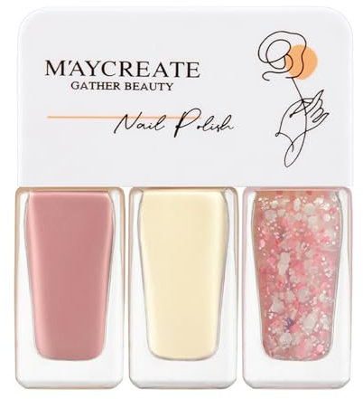 Nail Polish Nail Varnish, Pink White Glitter 3 -in-1 Nail Polish, Quick Dry Breathable French Manicure Nude Natural Elegant Non-toxic No UV Needed Nail Polishes for Woman Home DIY Nail Art Gift