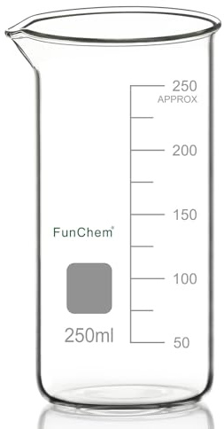 FunChem Glasbecher, 1er-Pack, Hochborosilikatglas, Graduiert, Hoher Becher mit Ausguss, Laborbecher, 250 ml