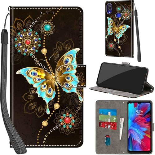 Haninsuze Cover per Xiaomi Redmi Note 7 / Note 7 Pro, farfalla verde | Pelle PU Portafoglio, Porta Carte, Magnetica, Libro, Antiurto Custodia