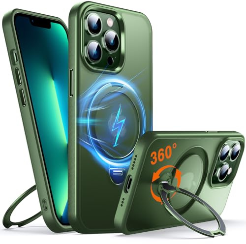 Chicfun 360° O-Ring MagStander for iPhone 13 Pro Case with Magnetic Kickstand Ring Holder [Compatible with MagSafe][360°Rotate Stand Ring][Military Shockproof] iPhone 13 Pro Phone Cover Matte Green