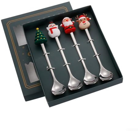 4 cucchiai natalizi in acciaio inox, motivo natalizio classico, ogni cucchiaio misura 16,5 cm di lunghezza, adatto per casa, ufficio, ristoranti e bar (argento)