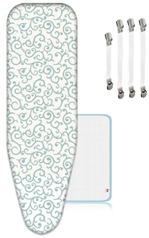 Housse Table à Repasser 150x60cm, avec Clips de Fixation et Chiffons Anti-brûlures, pour Fer à Repasser à Vapeur