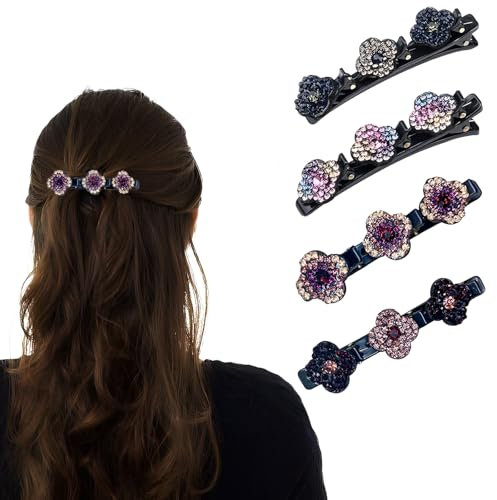 4 Stück Haarspangen Damen, Haarspange Oktoberfest mit Funkelnden Kristallsteinen, Elegante Kolibri Haarspange Haarschmuck, Vintage Vierblättrige Kleeblatt Haarklammer