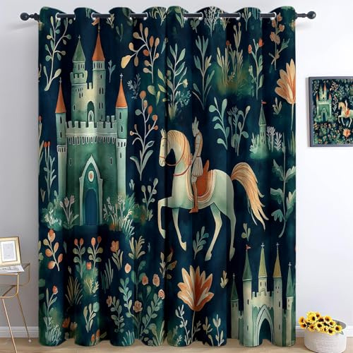 Dunkelgrün Vorhänge Aquarellmalerei Burg Ritter Pferd Gardinen mit Ösen, Vorhang Blickdicht, Verdunklungsvorhänge, Schiebevorhänge, Schlafzimmer Wohnzimmer Deko, Blackout Curtain 2er Set 214 x 91.5 cm
