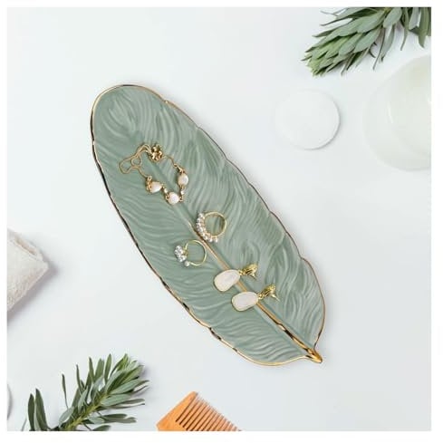 YoHyien Bandeja Joyas de Cerámica, Bandeja para Joyas con Forma de Pluma, Cuenco Decorativo Llaves, Vaciabolsillos Recibidor, Plato Decorativo para Anillos, Collares, Pulseras (Verde)