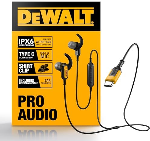 DEWALT Robuste USB-C-Kopfhörer für iPad/iPhone 15/16 Pro Max, kabelgebundene Typ-C-Kopfhörer, USBC-Ohrhörer mit Mikrofon, Lautstärkereglermodul, kompatibel mit MacBook, Samsung S23 Ultra