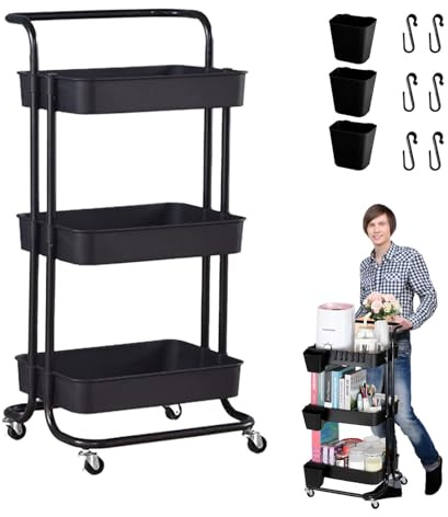 3 Tier Trolley Rolling Utility Storage Car with Wheels&Hanging Cups&Hooks | Storage Organization Shelves, for Kitchen, Bathroom, Office, Library, Coffee Bar Trolley Service Cart