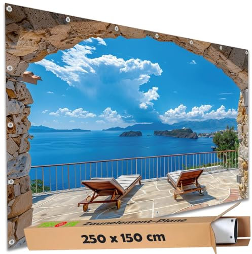 TRIOSK Sichtschutz Garten Deko Zaun Plane Blickdicht groß mit Zaunblende Motiv Balkon Liegestühle Meer Blick für Balkon Terrasse Zaunelement Doppelstabmatten Gartenzaun PVC 250x150 cm