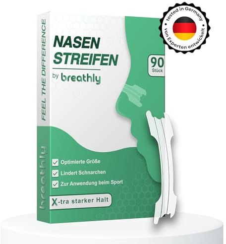 breathly Nasenpflaster Transparent | Extra starker Halt | 90x Nose Strips | Gegen Schnarchen - verbessert die Schlafqualität | Für bessere Atmung bei verstopfter Nase | Premium Nasenstrips