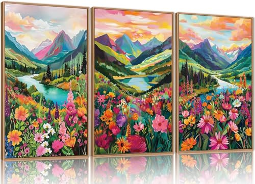 TOARTi Bunte Blumen Landscape Wanddeko,Wildblumen Grünes Blatt Gerahmte Leinwand Wandkunst Aquarell,Aesthetic Bilder Blumen Wandbilder 3er Set 30x40cm