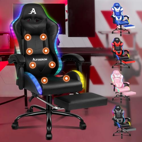 ALFORDSON Silla de Masaje para Videojuegos, Silla de Carreras con LED, Silla de Escritorio ergonómica con reclinación de 150°, reposapiés retráctil, Capacidad de 180 kg, Cuero sintético, Negro