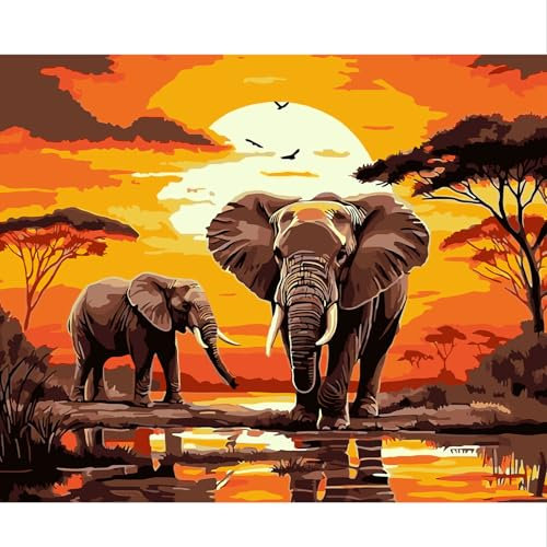 NEWENMO Deux Éléphants Peinture par Numéros pour Débutant,Coucher de Soleil Peinture Numero Adulte,DIY Paint by Numbers,Peinture à l'huile Kit,Bricolage Peinture Acrylique pour Décor Maison 40x50cm