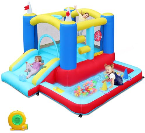 LEADZM Buntes Hüpfburg mit Gebläse, Hüpfburg Kinder mit Pool, Rutsche, Trampolin, Zielscheibe, Basketballkorb, Outdoor/Indoor, für 3 Kinder 3-10 Jahren, 275x255x188cm