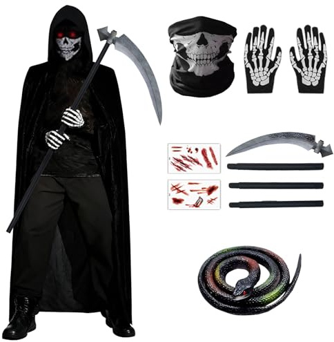 Halloween Grim Reaper Costume Set, 6Pcs Skeleton Robe Costumes Skeleton Glow Gloves Skull Mask Scythe Outfit Reaper Black Hooded Cloak Sickle Accessories Fancy Dress Cosplay for Men Women & Kids