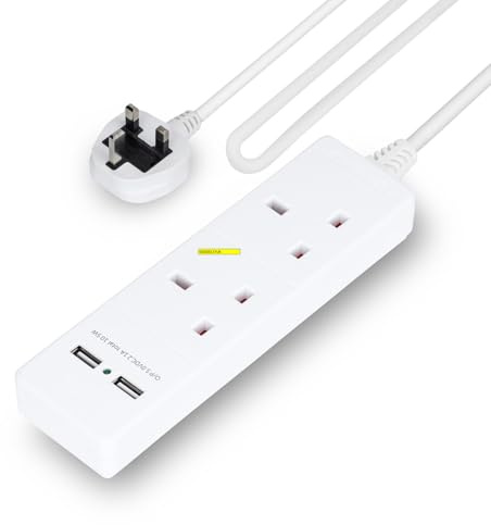 GEEPAS 2 Gang Extension Lead, 2M Cable | 2-Way Plug Extension Cable | Wall Mountable & Multi Socket Power Mains Strip with 2 USB Ports for Home Office | Heavy Duty UK Plug | White