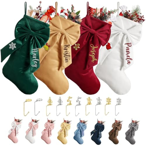 papasgix Weihnachtsstrumpf Personalisiert mit Name Nikolausstrumpf 46cm große gestrickte Weihnachtssocken Icon Christmas Stockings Haken Weihnachtsdeko (Bunt Schleife, 1PC)