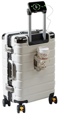 EclatVivid Luggage with USB & Type-C Charger Aluminum Frame Carry On Suitcase, 20 Inch Carry On Luggage, PC Hard Shell Suitcase with USB Charger, Cup Holder(White,20 inch)