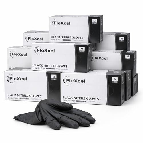 FleXcel Black Nitrile Gloves (10 Boxes of 100) Size Large - Multipurpose Powder Free, Latex Free, Medical Grade, Food Safe Examination Gloves - AQL 1.5