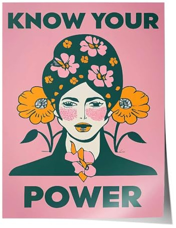 Feministisches Poster, Frauenpower Bild, Weibliche Kunst, Inspirierendes Frauen Portrait, Vintage Retro Leinwand, Wandbild rosa pink, LGBTQ Wandkunst, Know your power