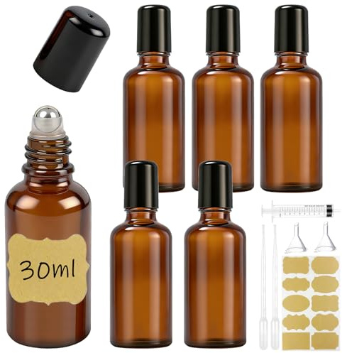 Maxumille 6 x 30ml Roller Bottles for Essential Oils, Amber Roll On Bottles | Empty Roller Ball Bottles with Stainless Steel Roller Balls, Refillable Glass Amber Bottle for Perfumes, Cosmetics, Massage
