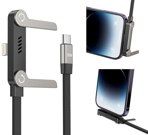 USB C to Lightning Cable with Stand, MFi Certified 2-in-1 Invisible Holder Charger Cable, 30W Lightning Flat Cable 90 Degree for iPhone 14-5/iPad, Sideways Phone Charger Cord for Gaming, Office, Home