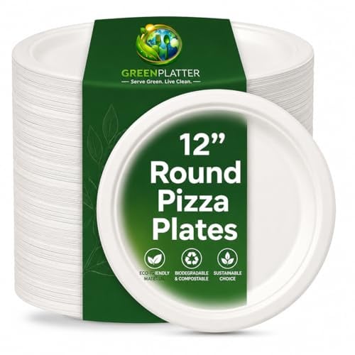 Greenplatter Bagasse Premium Pizza Plates, 12 Inch Round (Pack of 50) - Heavy Duty Disposable Pizza Plate, Eco Friendly Sugarcane Dishes, Compostable Party Plates, Microwave & Freezer Safe